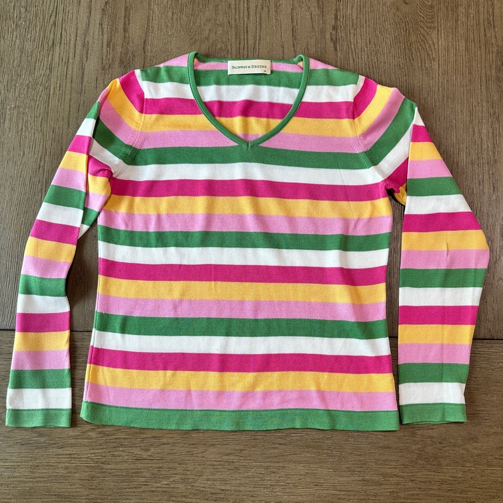 Fairway & Greene Women’s Striped V-Neck Sweater Size Medium - Picture 2 of 8